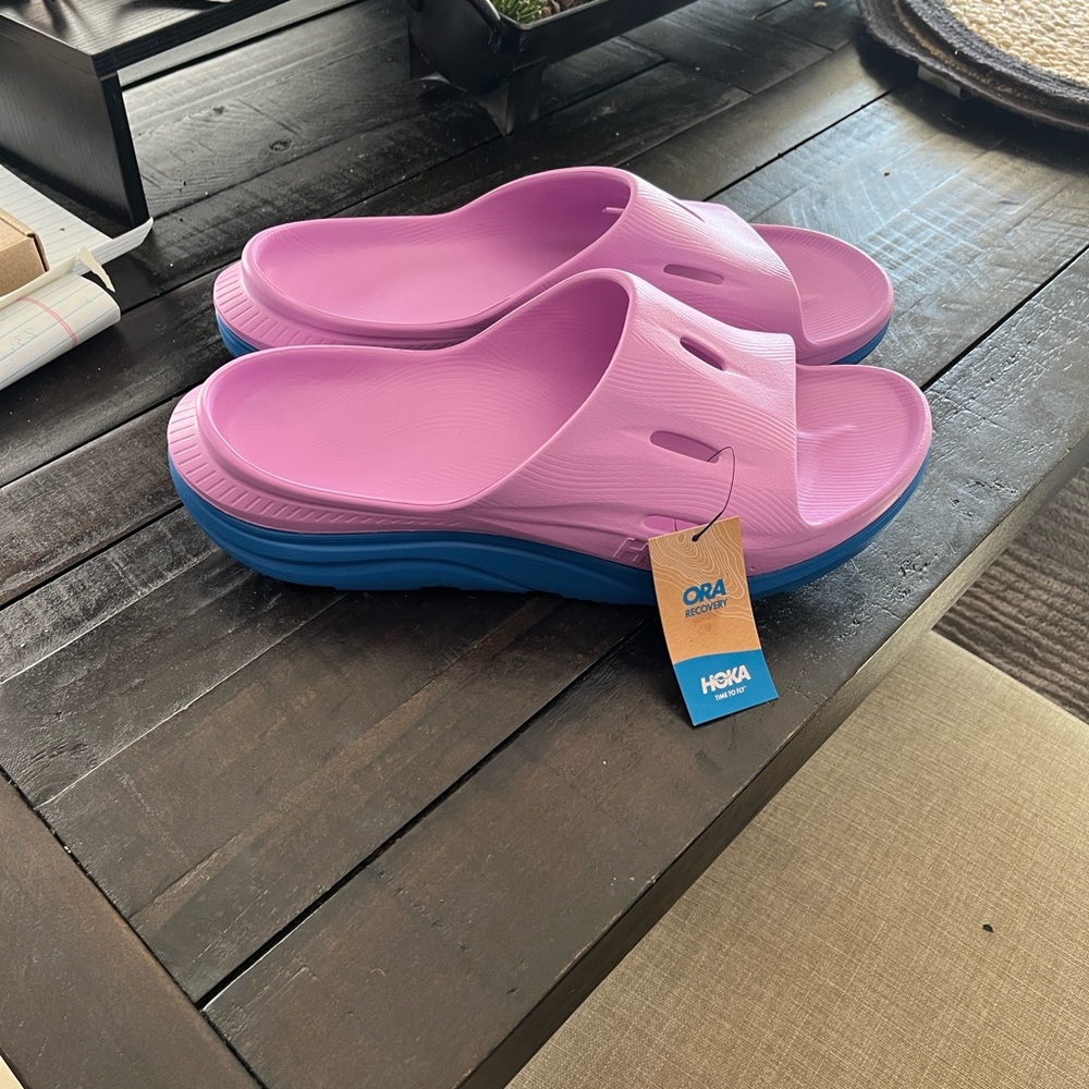 Hoka Vibrant Pink and Blue Slides